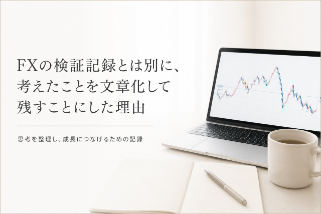 ノートPCの前に飲み物入りのカップとノートがあり、ノートの上にはペンが置かれている。「FXの検証記録とは別に、 考えたことを文章化して 残すことにした理由」というテキスト。