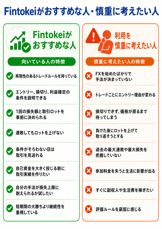 Fintokeiの利用に向いている人・利用を慎重に考えたい人の特徴を挙げている